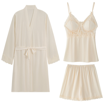 情侣冰丝绸春秋季睡衣吊带三件套
