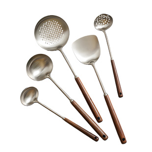 316不锈钢锅铲套装家用铁锅炒菜铲子炒勺汤勺漏勺胡桃木柄厨具