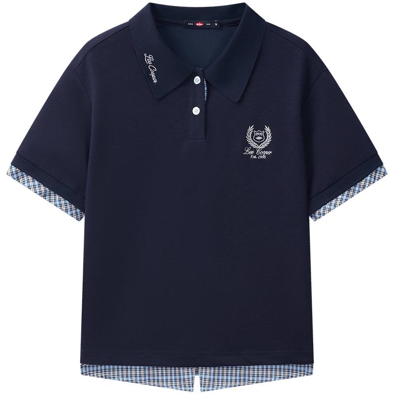 Lee Cooperpolo衫短袖假两件女生休闲格子拼接百搭夏季新款运动风