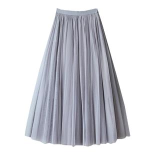 灰色纱裙中长款2025秋冬季配毛衣百褶高腰蓬蓬长裙女半身裙子半裙