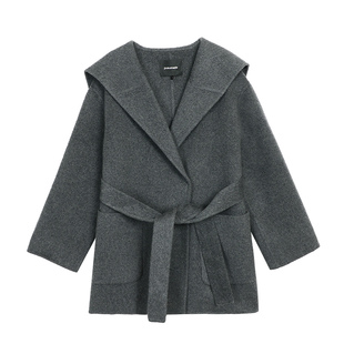 pusumede 都市主角 海军领羊毛双面呢大衣女气质系带收腰毛呢外套