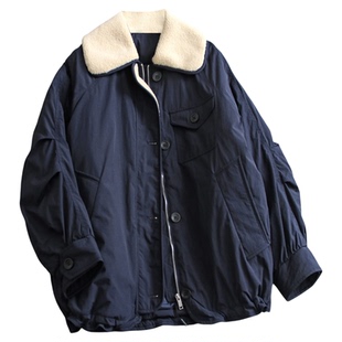 撞色仿羊羔毛翻领工装风廓形显瘦25冬季新款长袖外套女羽绒服M707