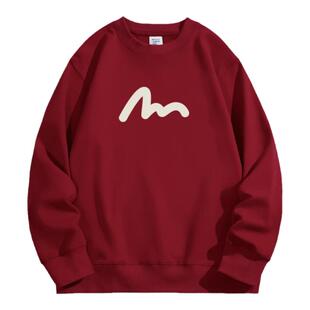 日系潮牌秋冬款余文乐加绒卫衣男新款国潮纯棉酒红色情侣圆领外套