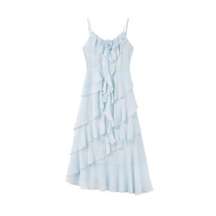 秋水伊人荷叶边吊带连衣裙 2026年夏季新款女装优雅高腰A字中长裙