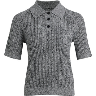 [职场轻熟风]LANDI深灰色绵羊毛Polo领短袖针织衫女春新品