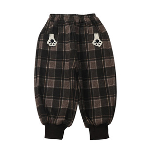 女童加绒裤子秋冬2025新款宝宝格子卫裤厚绒长裤冬装男儿童束脚裤