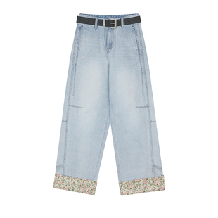 妖精的口袋碎花拼接浅色阔腿牛仔裤女2026春新款宽松直筒休闲裤子