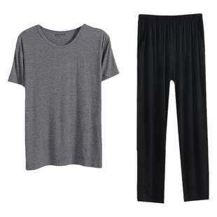 男莫代尔短袖长裤套装滑爽凉快休闲运动中年老年加大码宽松超肥夏