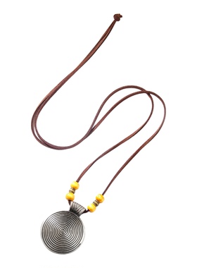 热销牛皮绳民族吊坠皮革饰品指纹合金毛衣链个性复古圆形项链