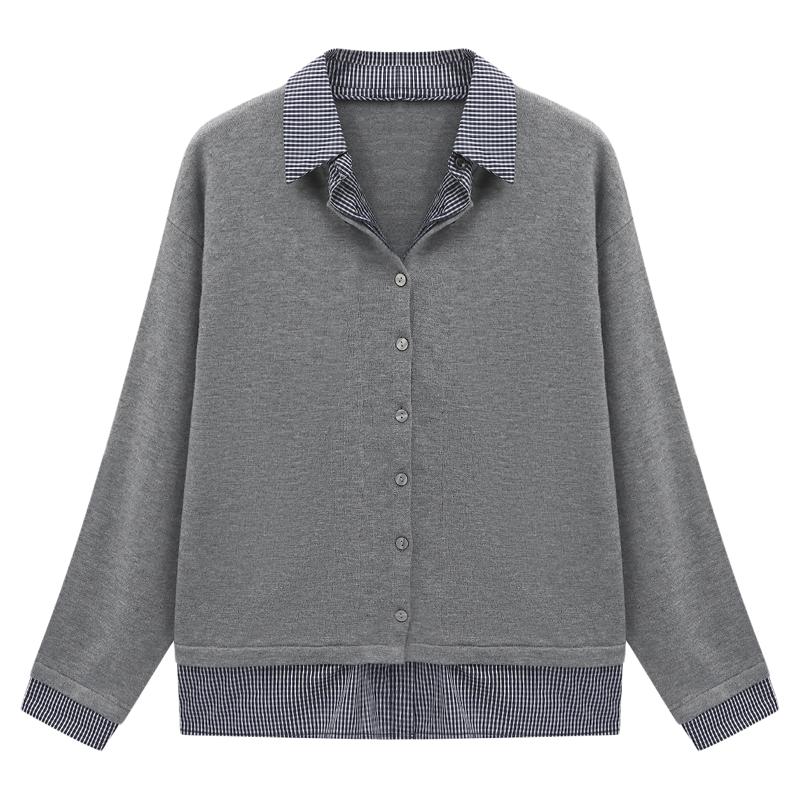 Basic House/百家好假两件格子领灰色针织开衫女宽松简约百搭上衣