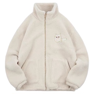 鞠婧祎同款白色抓痕猫咪刺绣仿羊羔毛绒棉服女秋冬加厚小香风外套