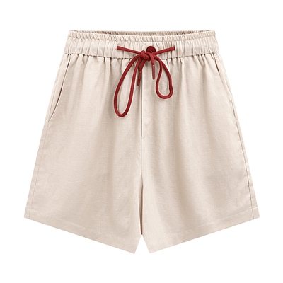 Basic House/百家好莱赛尔撞色抽绳短裤女夏季流行亚麻收腰阔腿裤