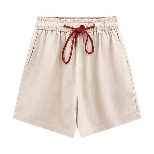 Basic House/百家好莱赛尔撞色抽绳短裤女夏季流行亚麻收腰阔腿裤