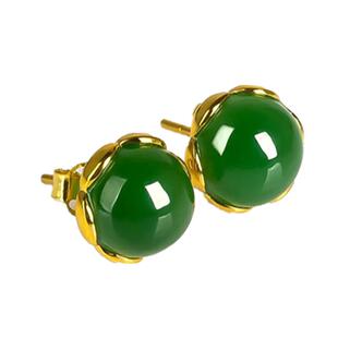 新疆和田玉碧玉色彩金防过敏耳钉女气质宝石耳环纯银耳饰生日礼