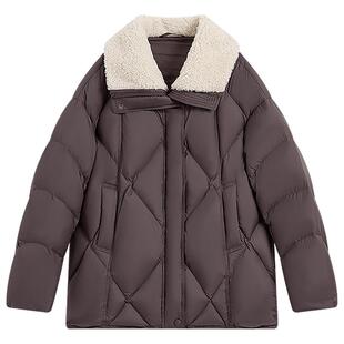 KBNE复古高级感仿羊羔毛拼接菱格羽绒服女2025冬季新款鸭绒面包服