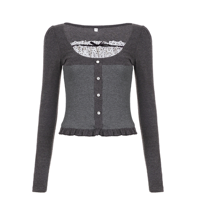 日系法式波点拼接假两件长袖T恤