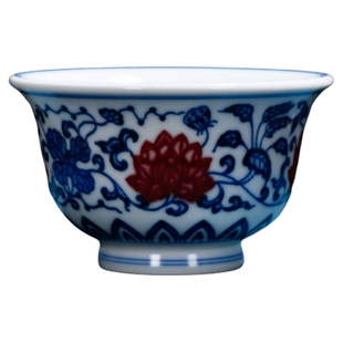 松柏堂柴窑景德镇陶瓷中式茶具原矿手绘青花釉里红缠枝莲压手杯