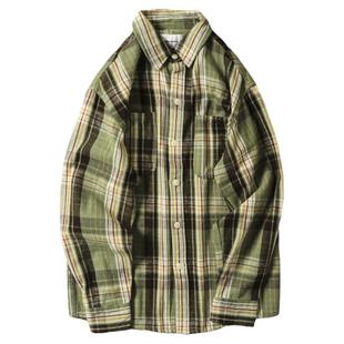 日单咔叽重磅全棉复古色织格纹秋冬男长袖衬衫休闲宽松厚实衬衣潮