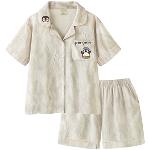 睡衣女款2026新款夏季冰丝短袖短裤情侣套装可爱企鹅男女士家居服