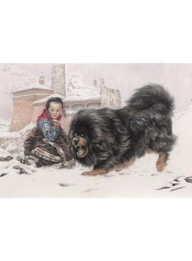 唐坚藏区小女孩与藏獒装饰画