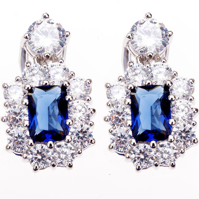 长款蓝水晶耳夹欧洲高档结婚饰品