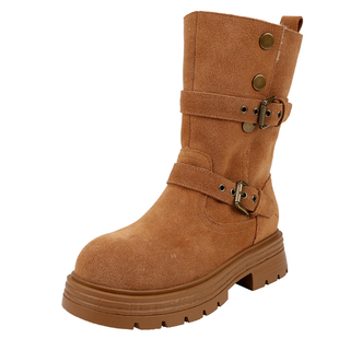 红粉知己2025冬季新款复古百搭加绒厚底保暖西部靴女5CM休闲短靴