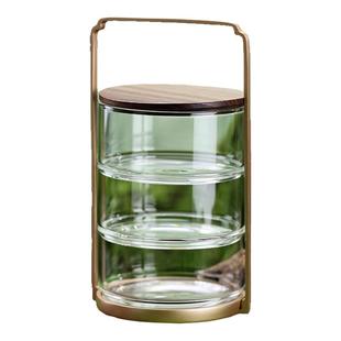正品禾器 玉素糕点盒三层春游野餐盒 户外便携式带盖子玻璃茶点盒