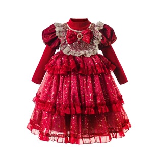 女童连衣裙圣诞节红色连衣裙儿童新年礼服裙小女孩拜年服红裙子