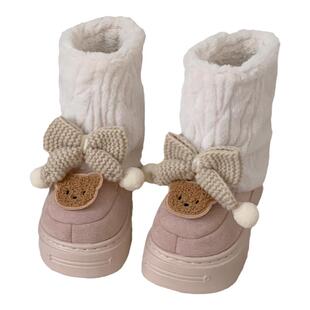 细细条 增高中筒毛毛雪地靴女ins韩系蝴蝶结可爱小熊百搭户外棉靴