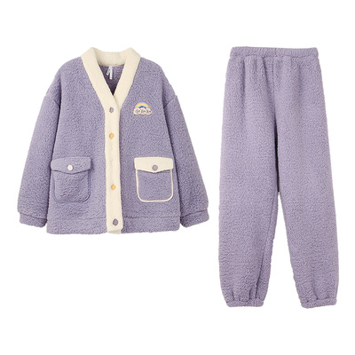 安之伴珊瑚绒可外穿撞色V领睡衣