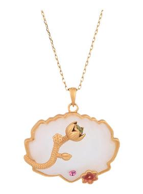 中国风复古典旗袍汉服配饰珐琅彩绘镶嵌仿和田玉莲花莲蓬吊坠项链