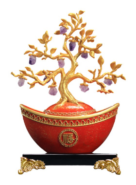 珐琅彩发财树聚宝盆摆件招财元宝