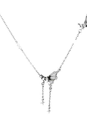 蓝色蝴蝶珍珠甜酷风项链女高级感流苏锁骨链2025新款气质颈链配饰