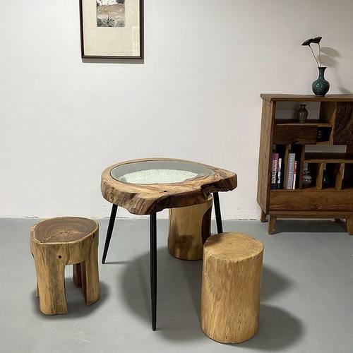 天然香樟木小茶几原木家具民宿阳台小茶桌 网红玻璃景观个性茶台