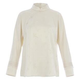 花木深新中式醋酸缎上衣女长袖改良大襟衫中国风茶服提花立领衬衫