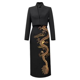 浒城古娘新款刺绣气质立领新中式国风改良旗袍连衣裙两件套女春秋