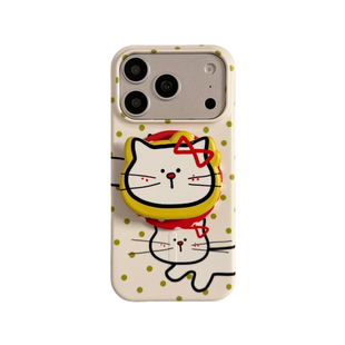 绿色波点可爱线条猫咪适用iphone17promax手机壳苹果16pro新款15菲林硬壳17Pro磁吸支架16超火15promax保护套