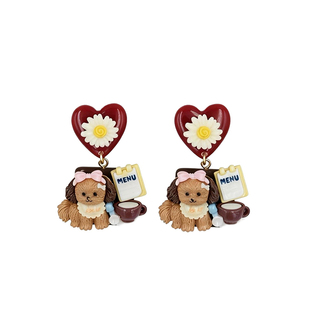 BOMBCACA童话小镇系列 卷毛狗的茶屋 韩系可爱小狗童趣独特耳环女