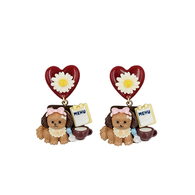 BOMBCACA童话小镇系列 卷毛狗的茶屋 韩系可爱小狗童趣独特耳环女