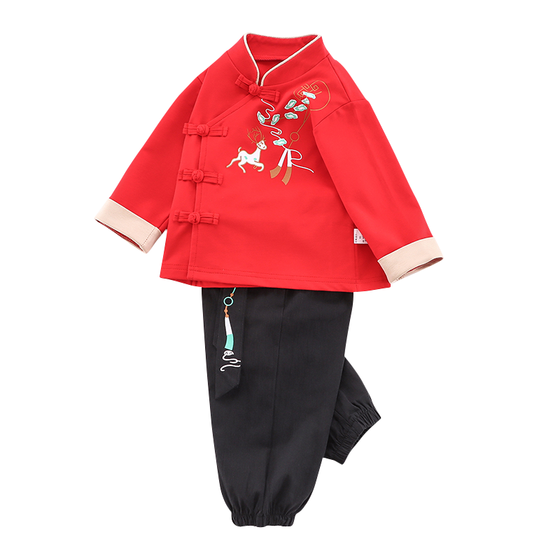 儿童唐装汉服春秋套装宝宝百天周岁生日抓周礼服一岁小孩长袖古装