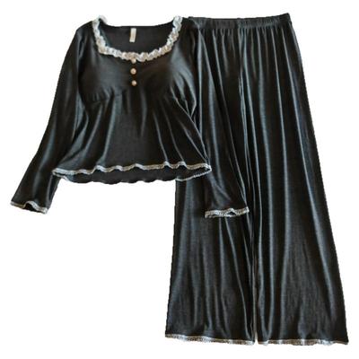 莫代尔睡衣女春秋季带胸垫家居服