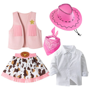 女童西部牛仔穿搭套装cowgirl粉色流苏马甲蒙古骑马牛仔裙演出服