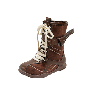 小女孩甜酷风平底马丁靴2025秋冬新款磨砂拼接皮拳击靴女童勃肯靴