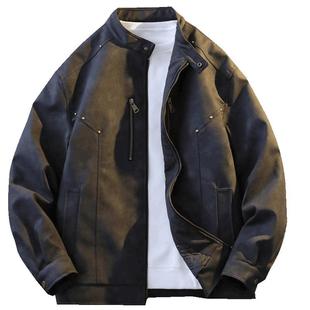 美拉德复古做旧机车风皮衣男秋冬防风立领夹克高级感痞帅情侣外套