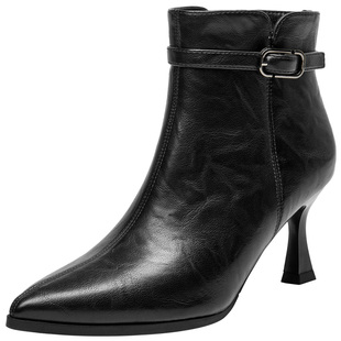 大东女鞋时装靴2025冬季新款时尚尖头通勤女短靴细跟职业单里女靴