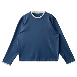 Nick Tian 早春蓝色假两件薄款针织衫男新款简约长袖打底衫毛衣