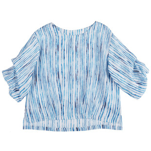 遮肚子苎麻上衣女 亚麻蓝白竖条纹t恤女宽松半袖衬衫女麻料上衣