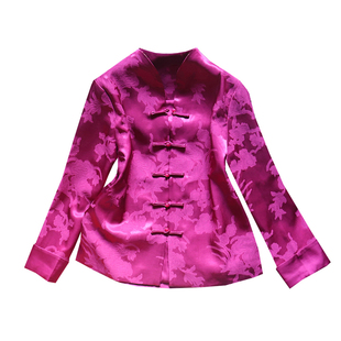 出国中式玫红缎面外套女2026春节盘扣国风高级感提花气质如兰上衣