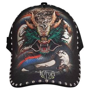 夏季网帽国潮龙透气棒球帽潮牌硬顶鸭舌帽印花青龙中国风宽檐男款