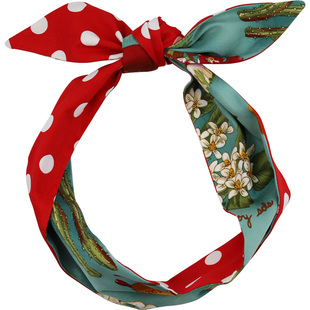 手工蓝绿色复古印花波点双面欧美气质韩国打结铁丝发带女包头巾